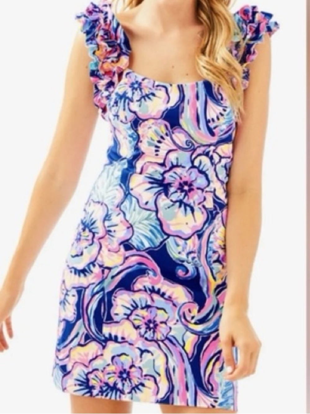 NEW Lilly Pulitzer Devina Floral
Ruffle Strap Stretch Mini Sheath Dress Size Med